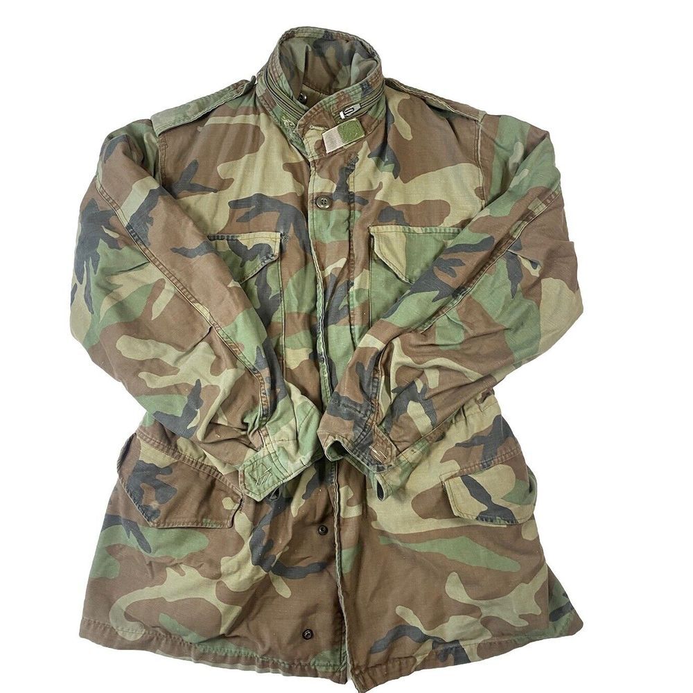 VTG US Military Jacket Cold Weather Woodland Camo Field Coat With Liner - Medium